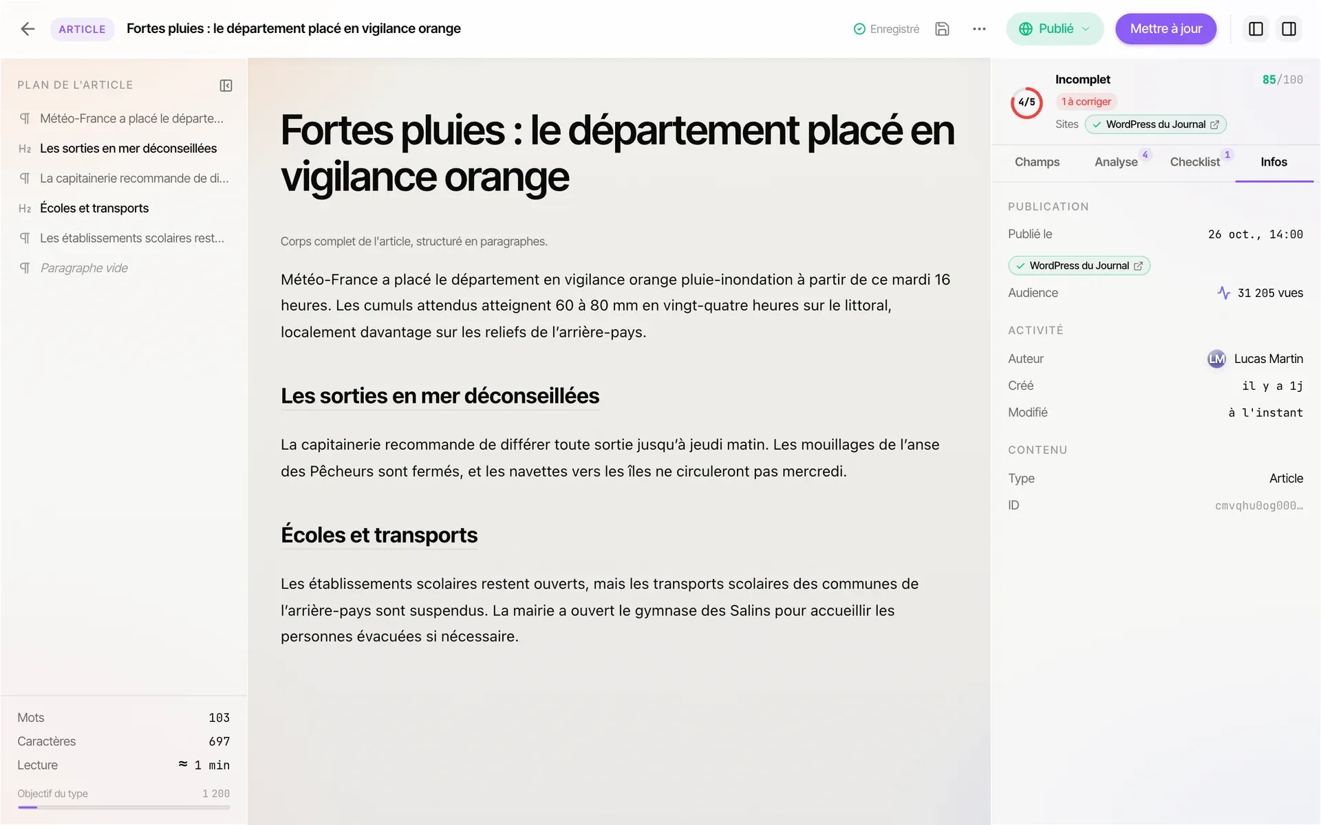 L’onglet Infos de l’éditeur avec la ligne Audience