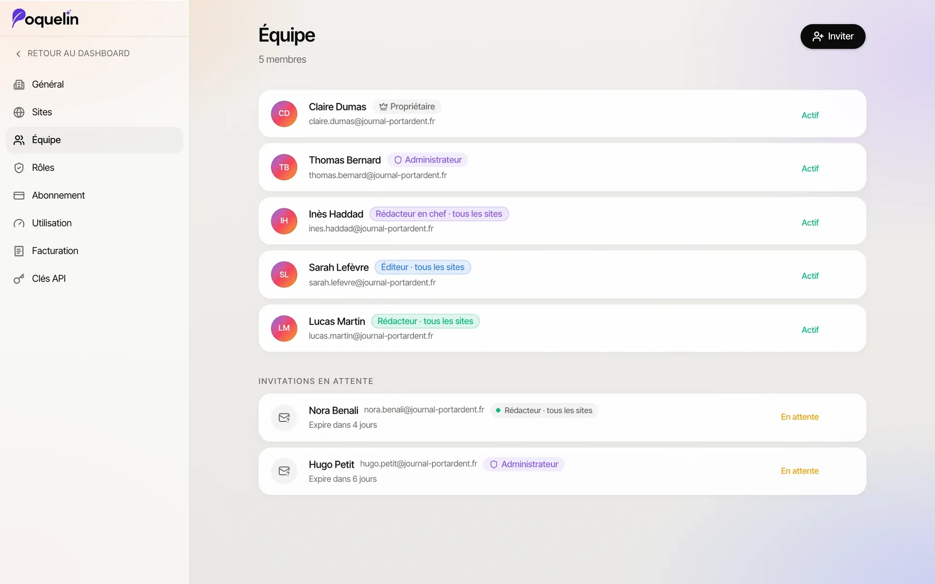 La page Équipe avec le propriétaire, un administrateur et une invitation d’administrateur